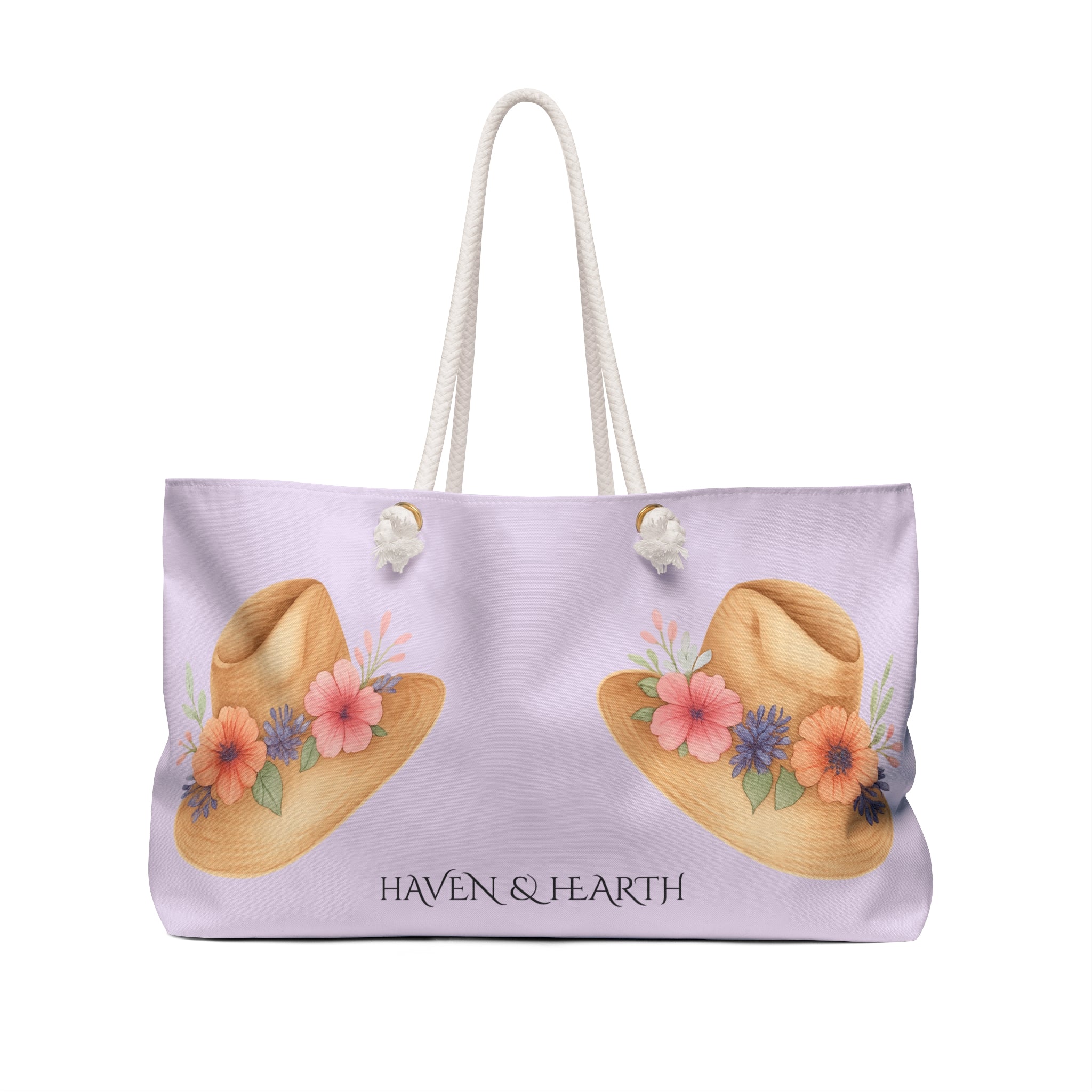 Floral Straw Hat Weekender Bag  Lavender Tote, Beach Travel Bag