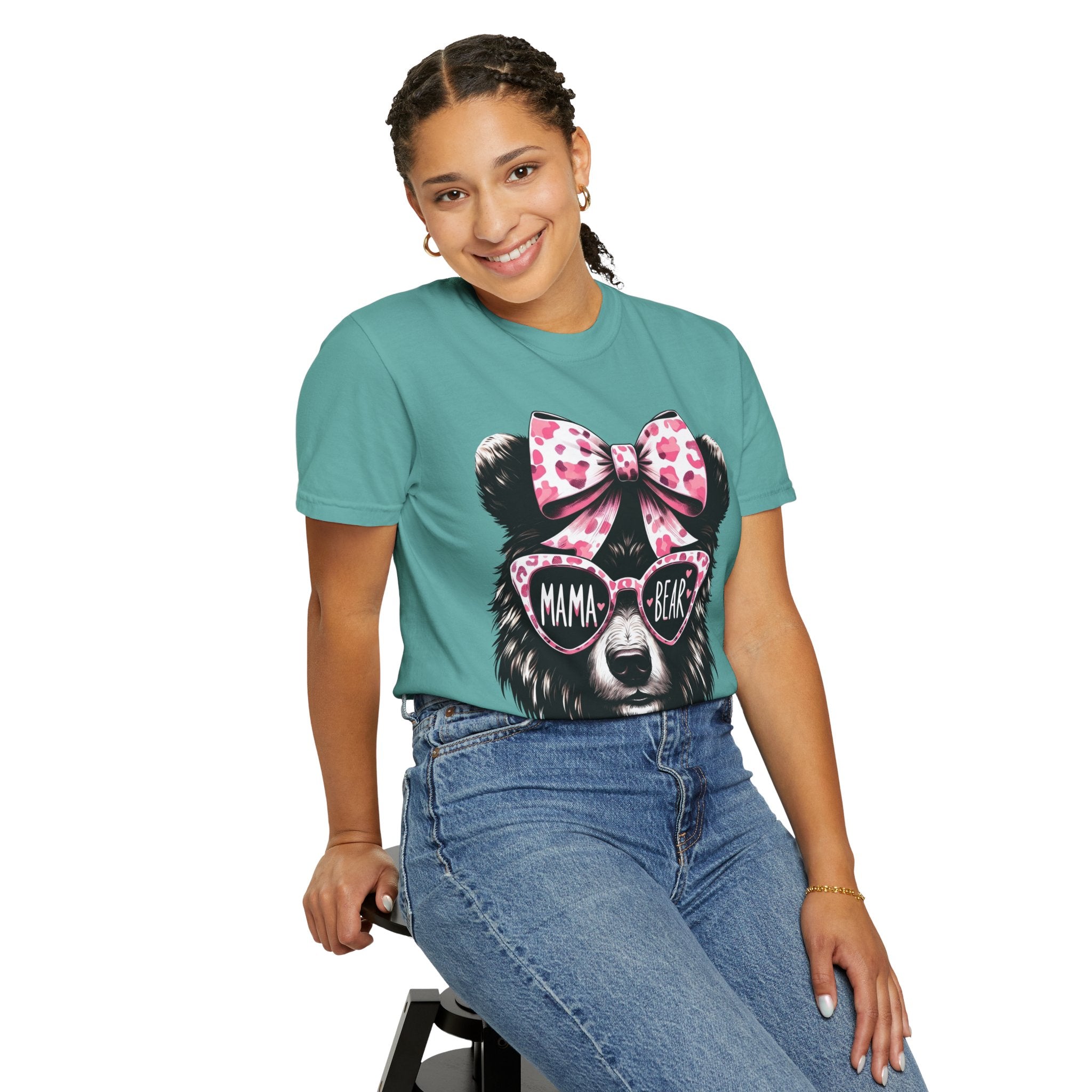 Mama Bear T-Shirt — Cute Pink Bow & Sunglasses Graphic Tee for Moms