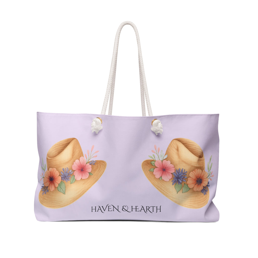 Floral Straw Hat Weekender Bag  Lavender Tote, Beach Travel Bag