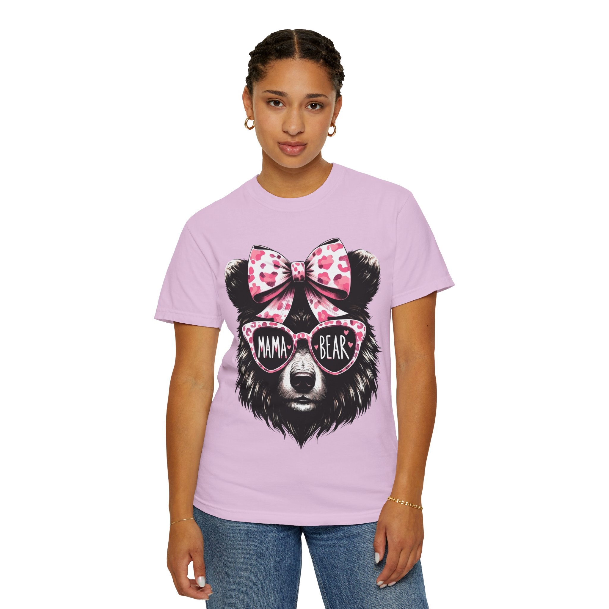 Mama Bear T-Shirt — Cute Pink Bow & Sunglasses Graphic Tee for Moms