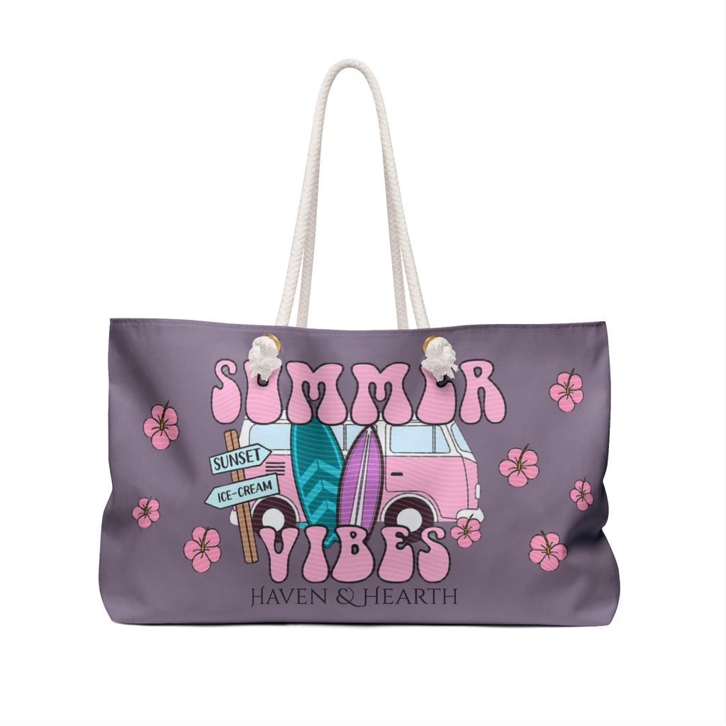 Summer Vibes Weekender Bag Surf Van, Surfboards & Hibiscus Design