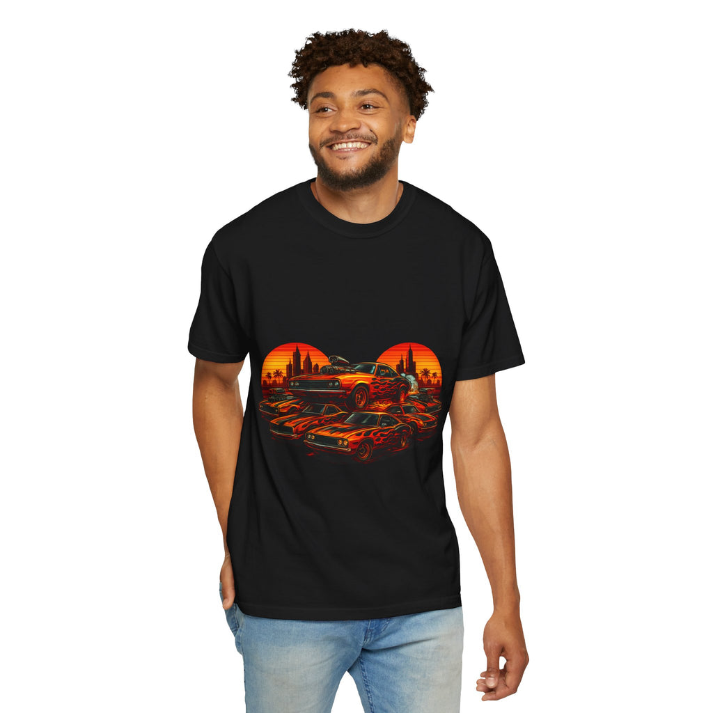 Classic Car Sunset T-Shirt — Retro Muscle Cars Skyline Graphic