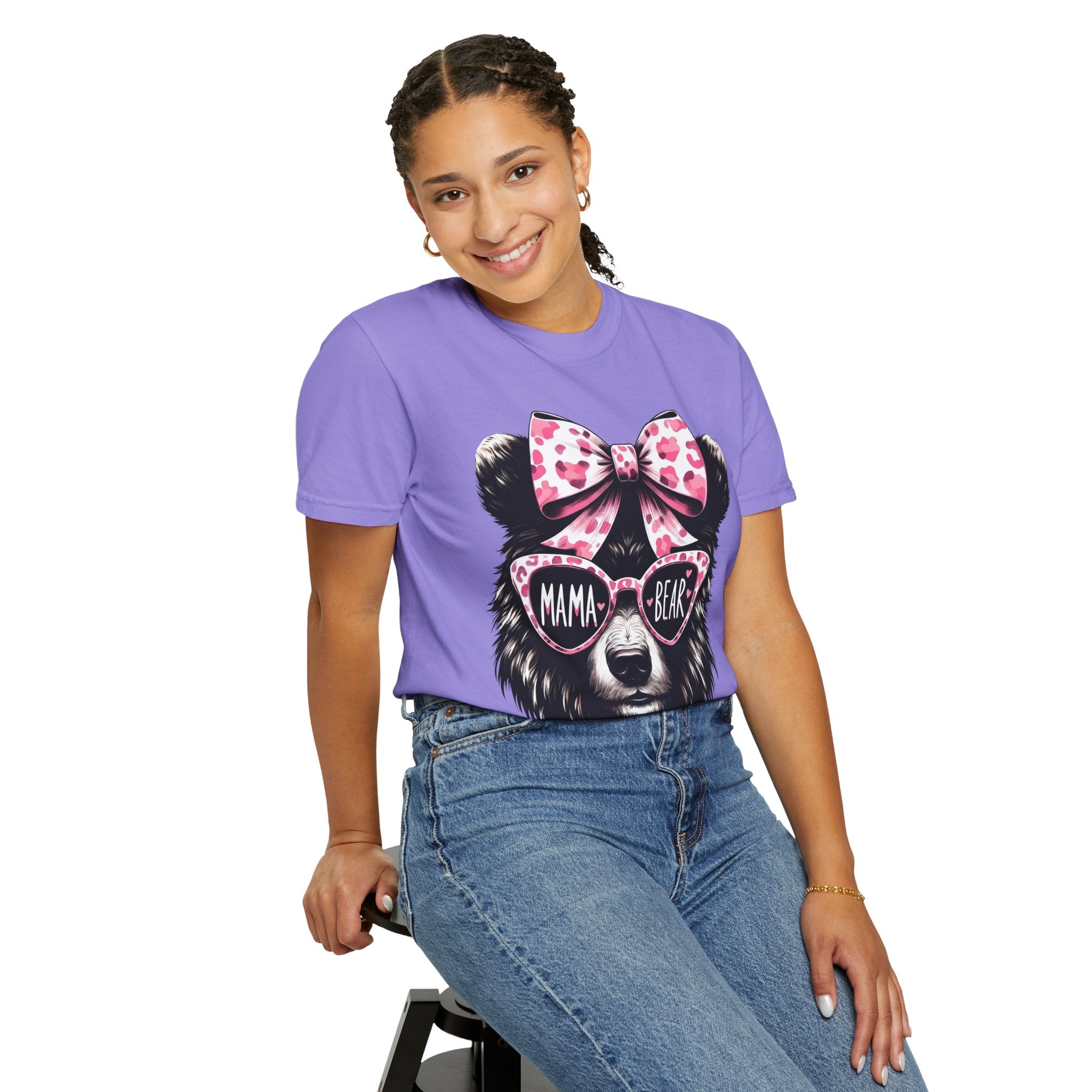 Mama Bear T-Shirt — Cute Pink Bow & Sunglasses Graphic Tee for Moms