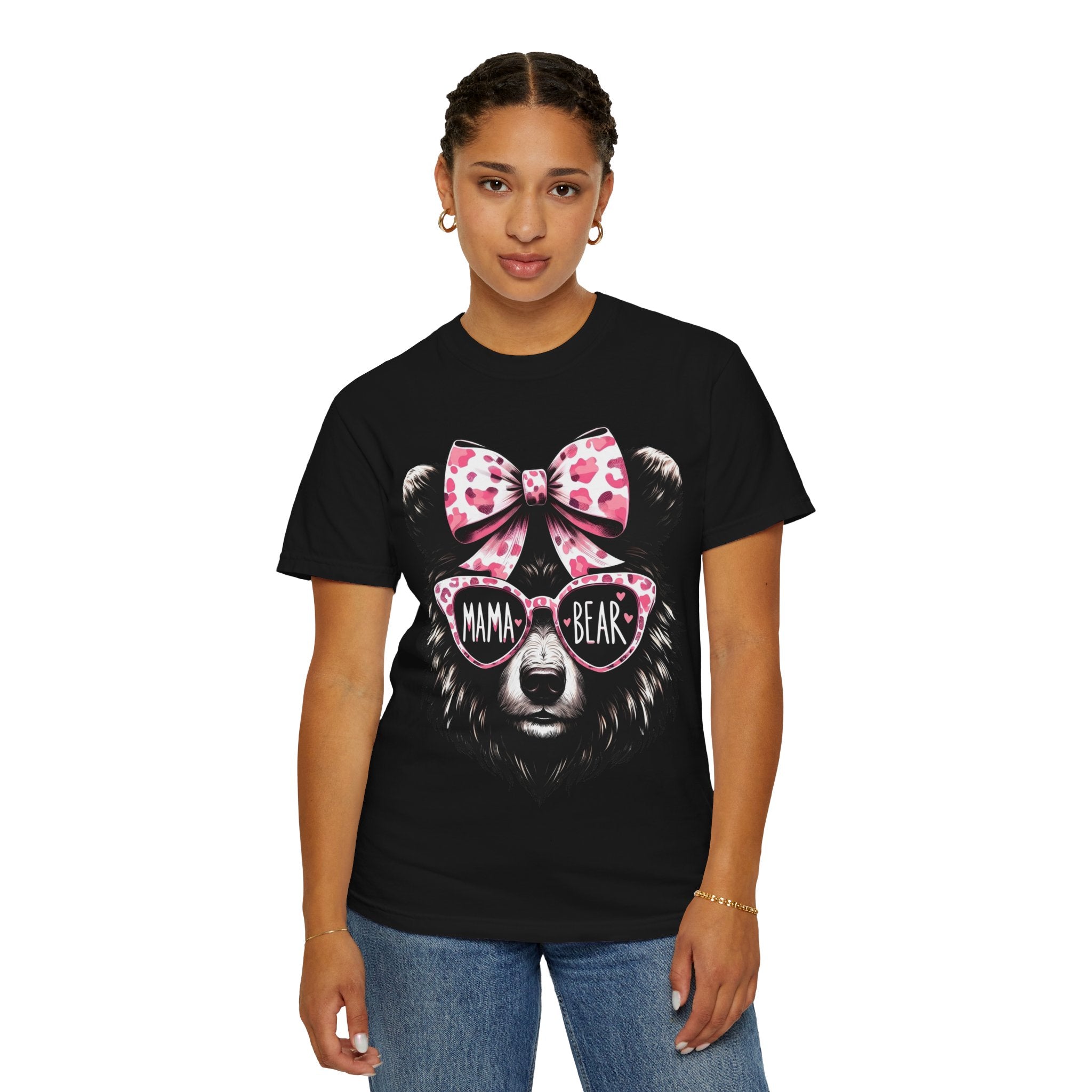 Mama Bear T-Shirt — Cute Pink Bow & Sunglasses Graphic Tee for Moms