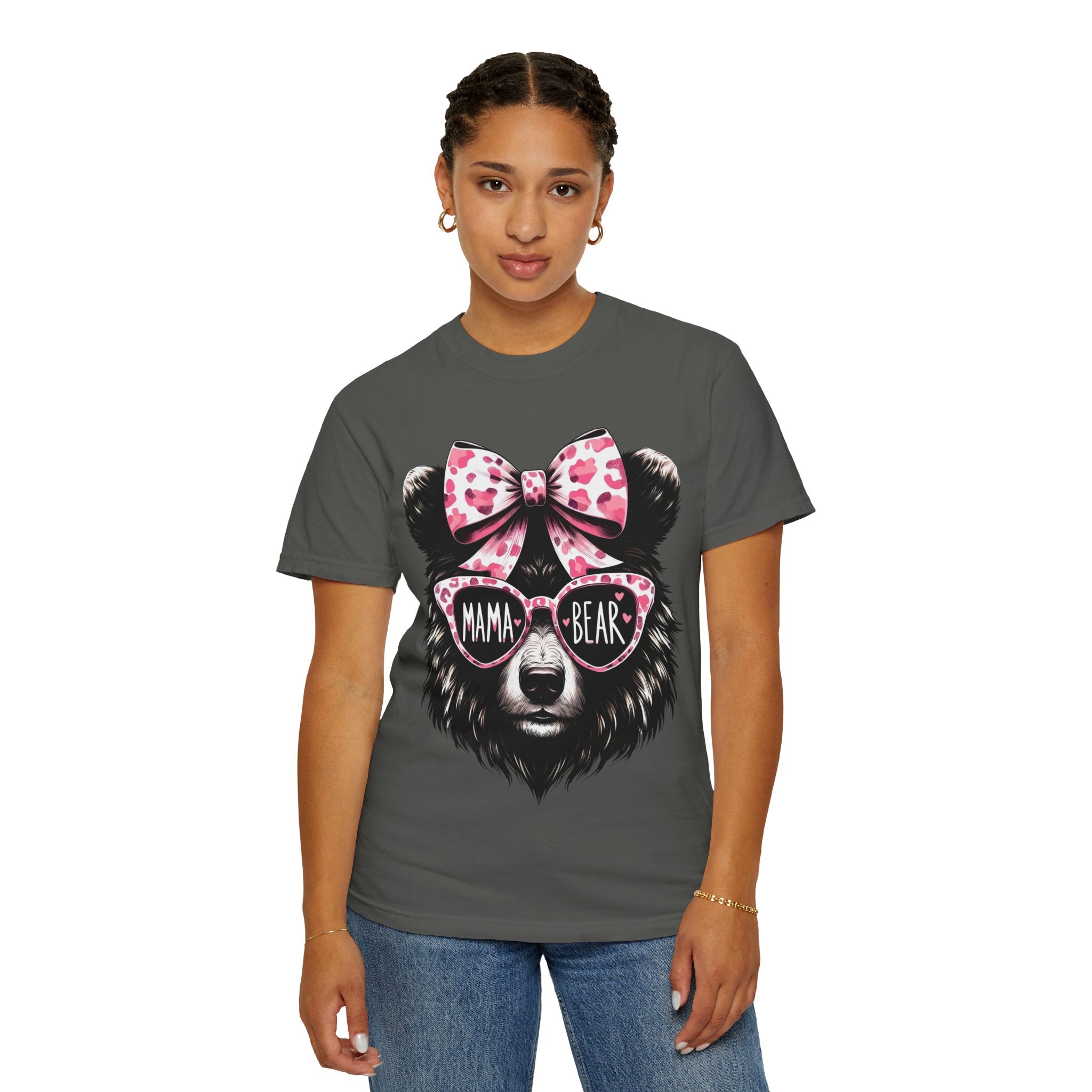 Mama Bear T-Shirt — Cute Leopard Bow & Sunglasses Graphic Tee for Moms