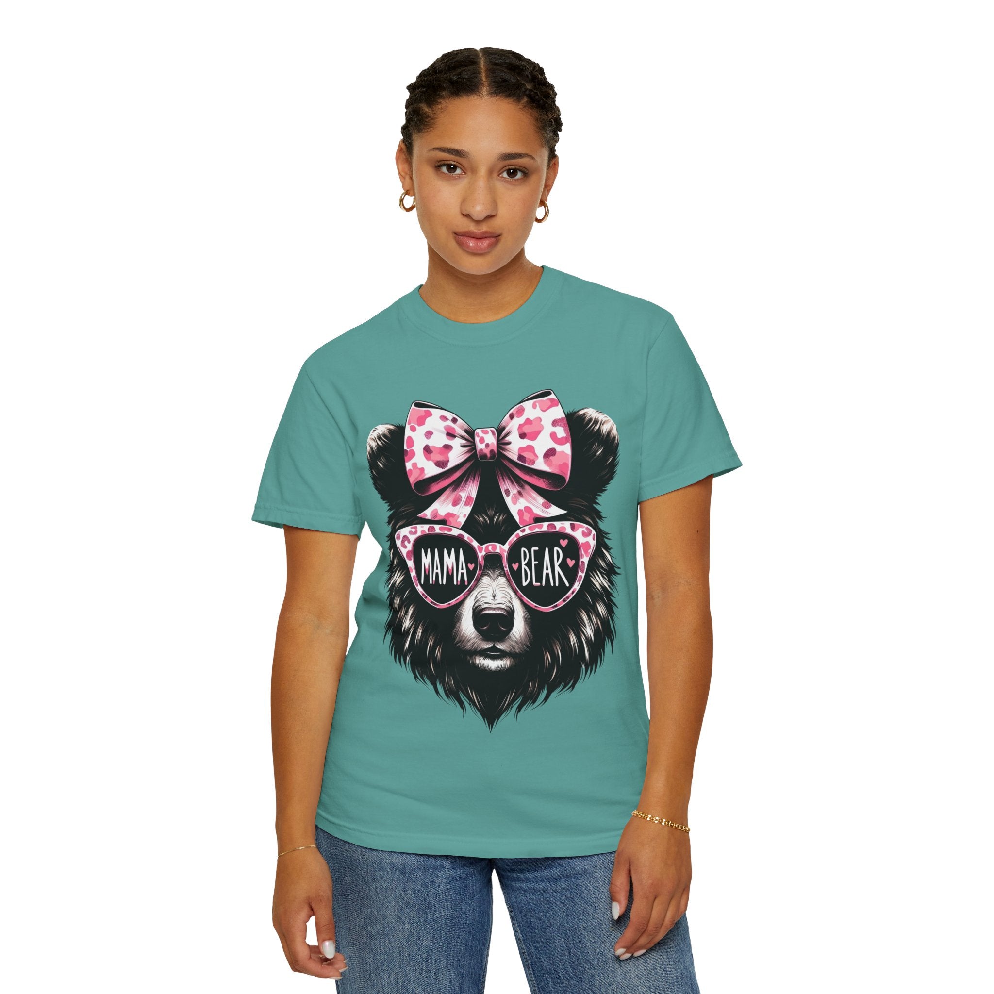 Mama Bear T-Shirt — Cute Leopard Bow & Sunglasses Graphic Tee for Moms