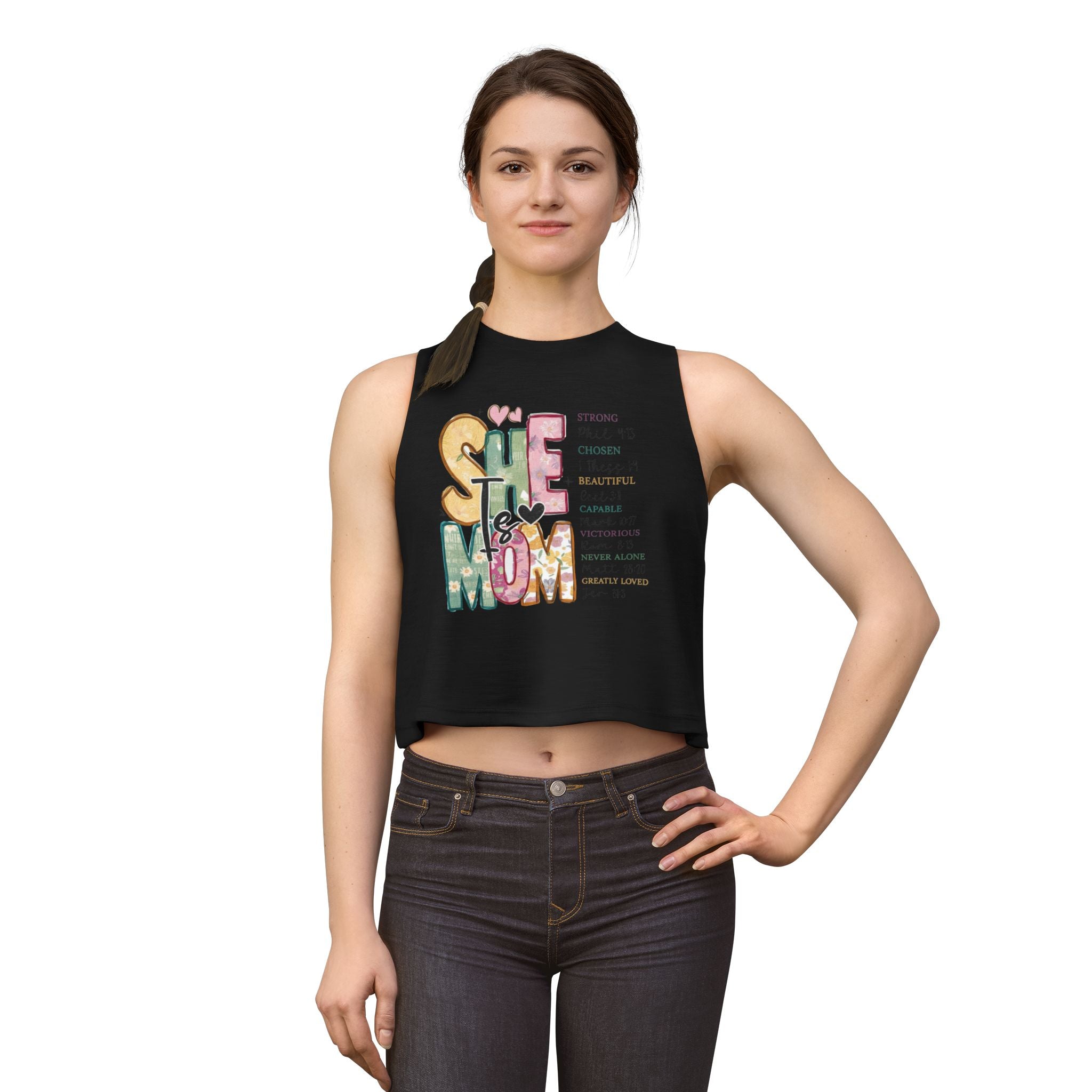 She is Mom Floral Graphic Crop Top — Inspirational Mother's Day Tank