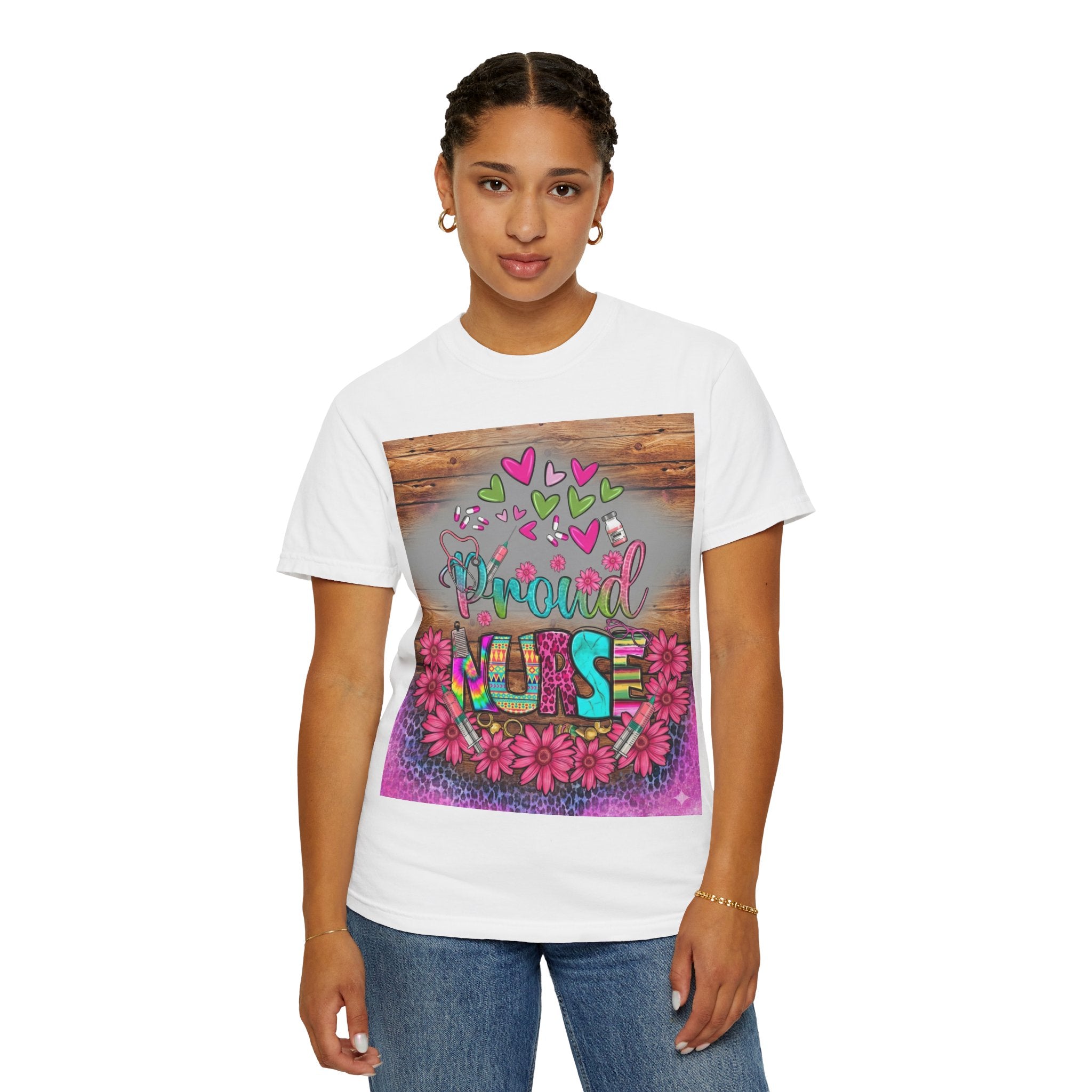 Proud Nurse T‑Shirt — Colorful Floral Hearts Design, Gift for Nurses