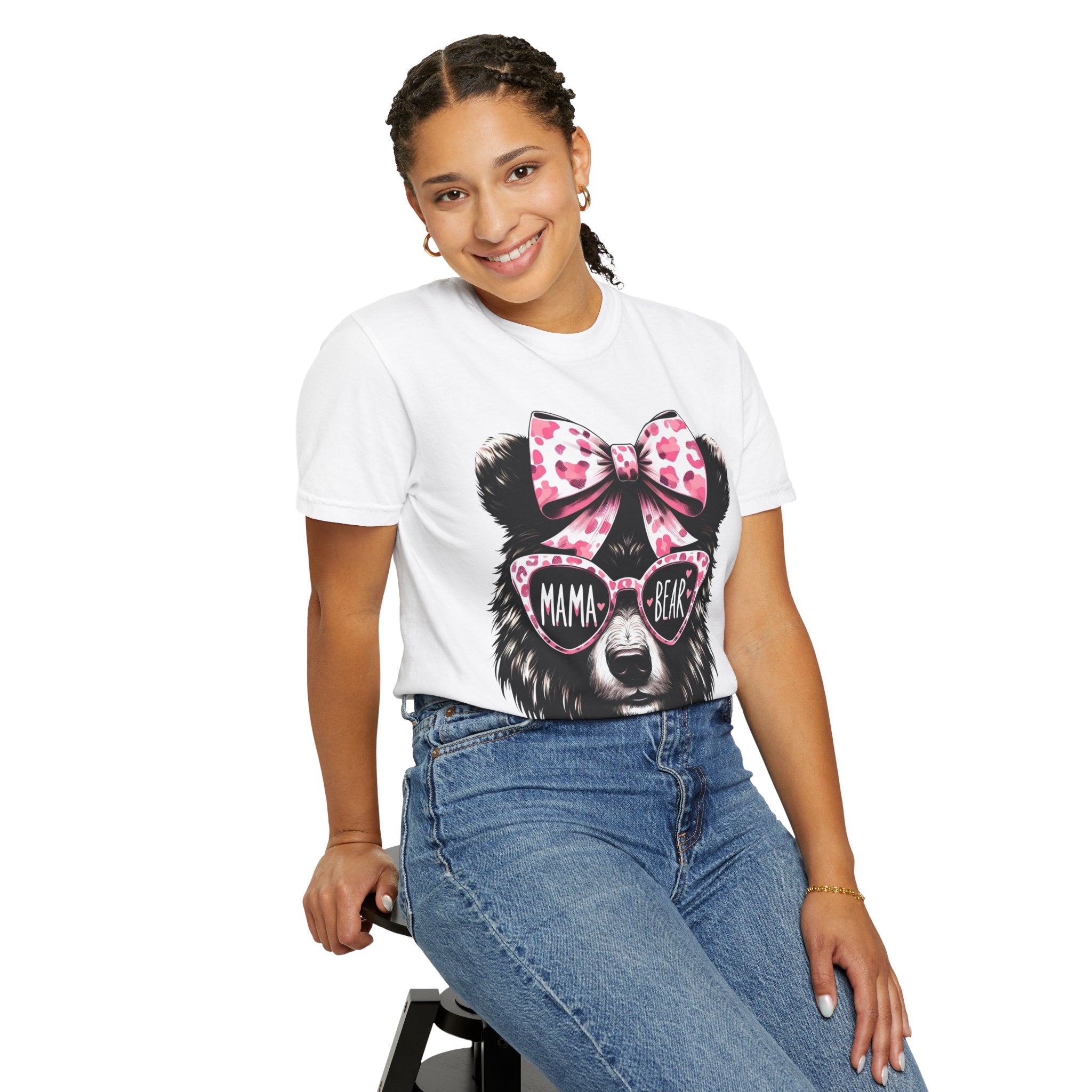 Mama Bear T-Shirt — Cute Pink Bow & Sunglasses Graphic Tee for Moms