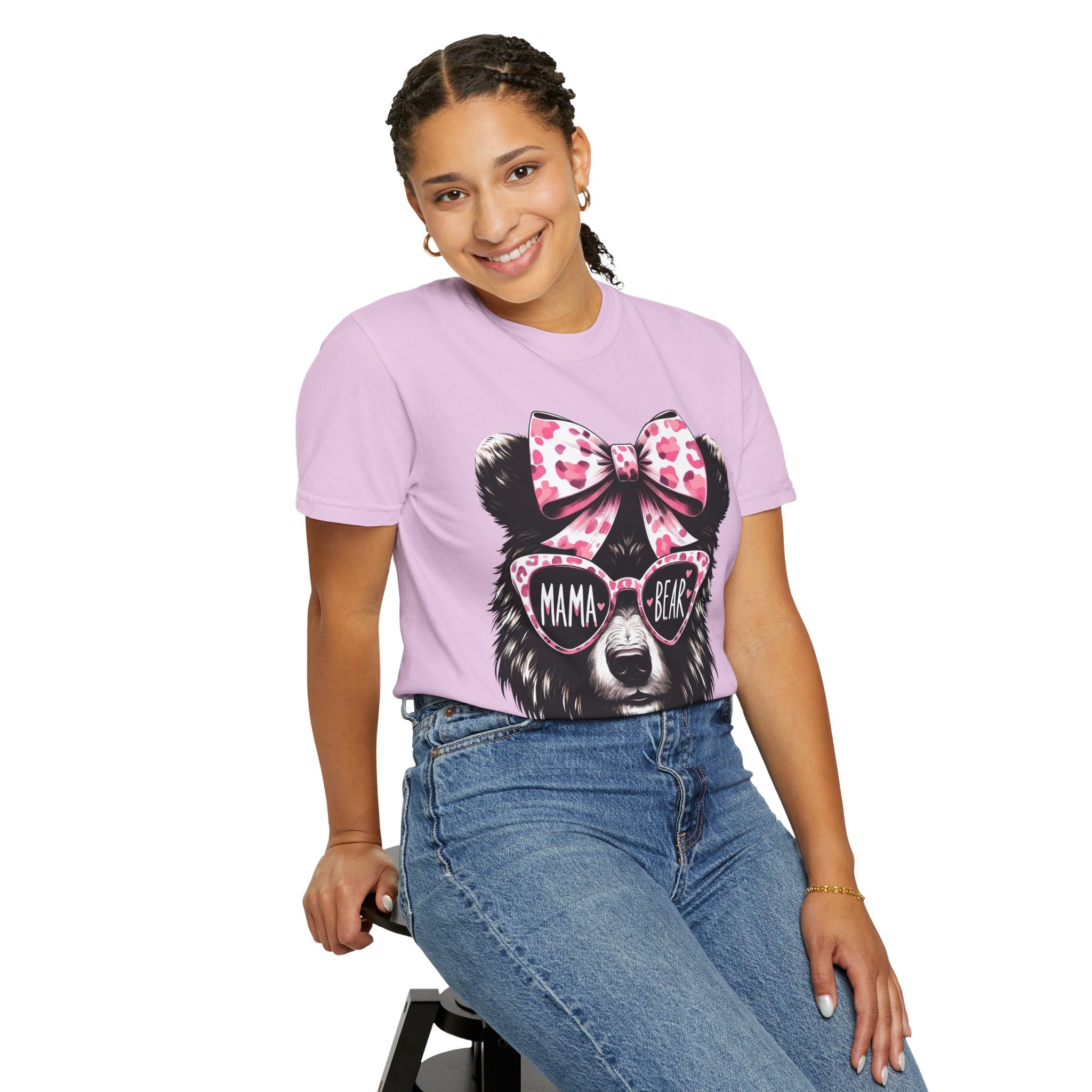 Mama Bear T-Shirt — Cute Pink Bow & Sunglasses Graphic Tee for Moms