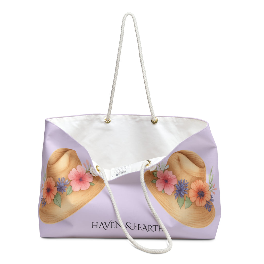 Floral Straw Hat Weekender Bag  Lavender Tote, Beach Travel Bag