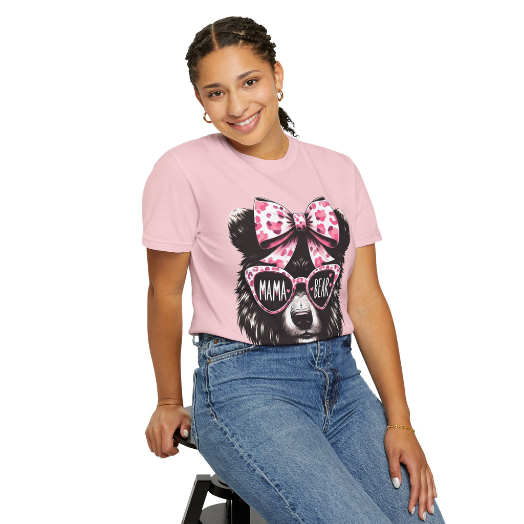 Mama Bear T-Shirt — Cute Pink Bow & Sunglasses Graphic Tee for Moms