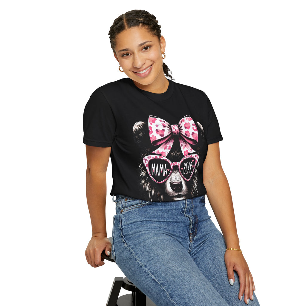 Mama Bear T-Shirt — Cute Pink Bow & Sunglasses Graphic Tee for Moms