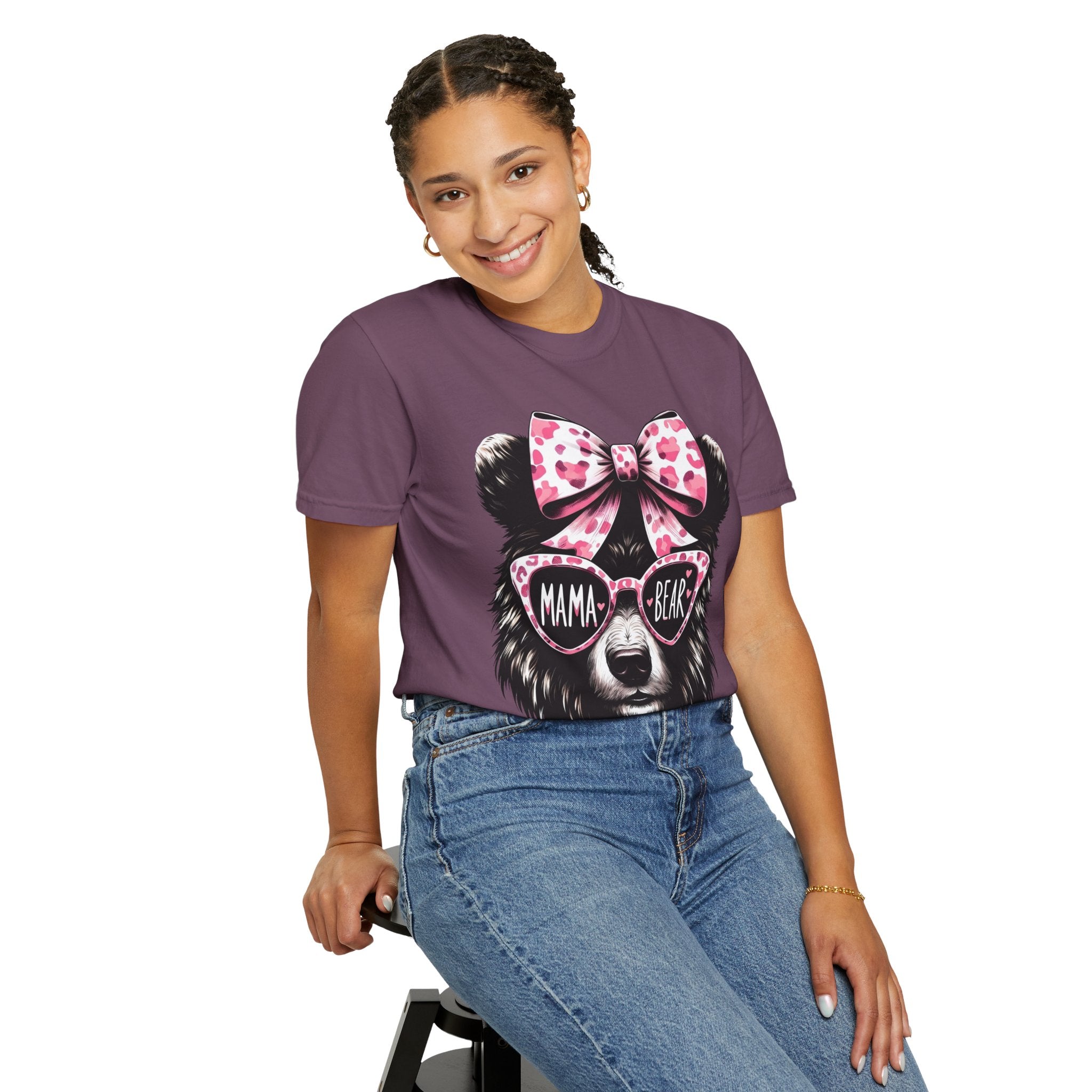 Mama Bear T-Shirt — Cute Pink Bow & Sunglasses Graphic Tee for Moms