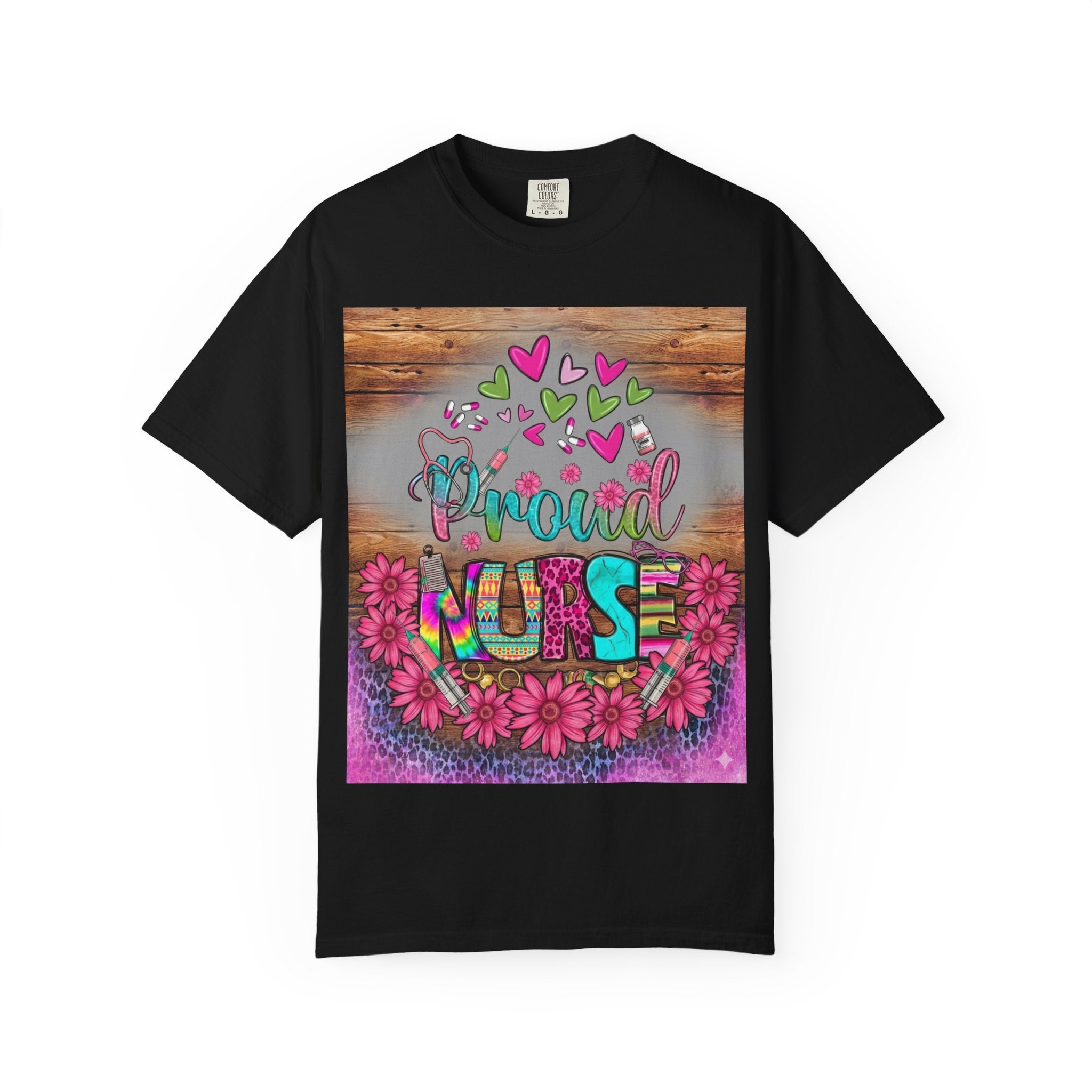 Proud Nurse T‑Shirt — Colorful Floral Hearts Design, Gift for Nurses