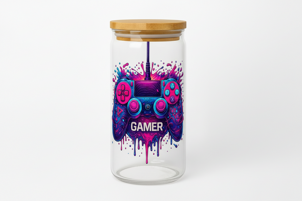 Glass jar with a bamboo lid featuring a colorful gaming controller design and the word 'Gamer'.