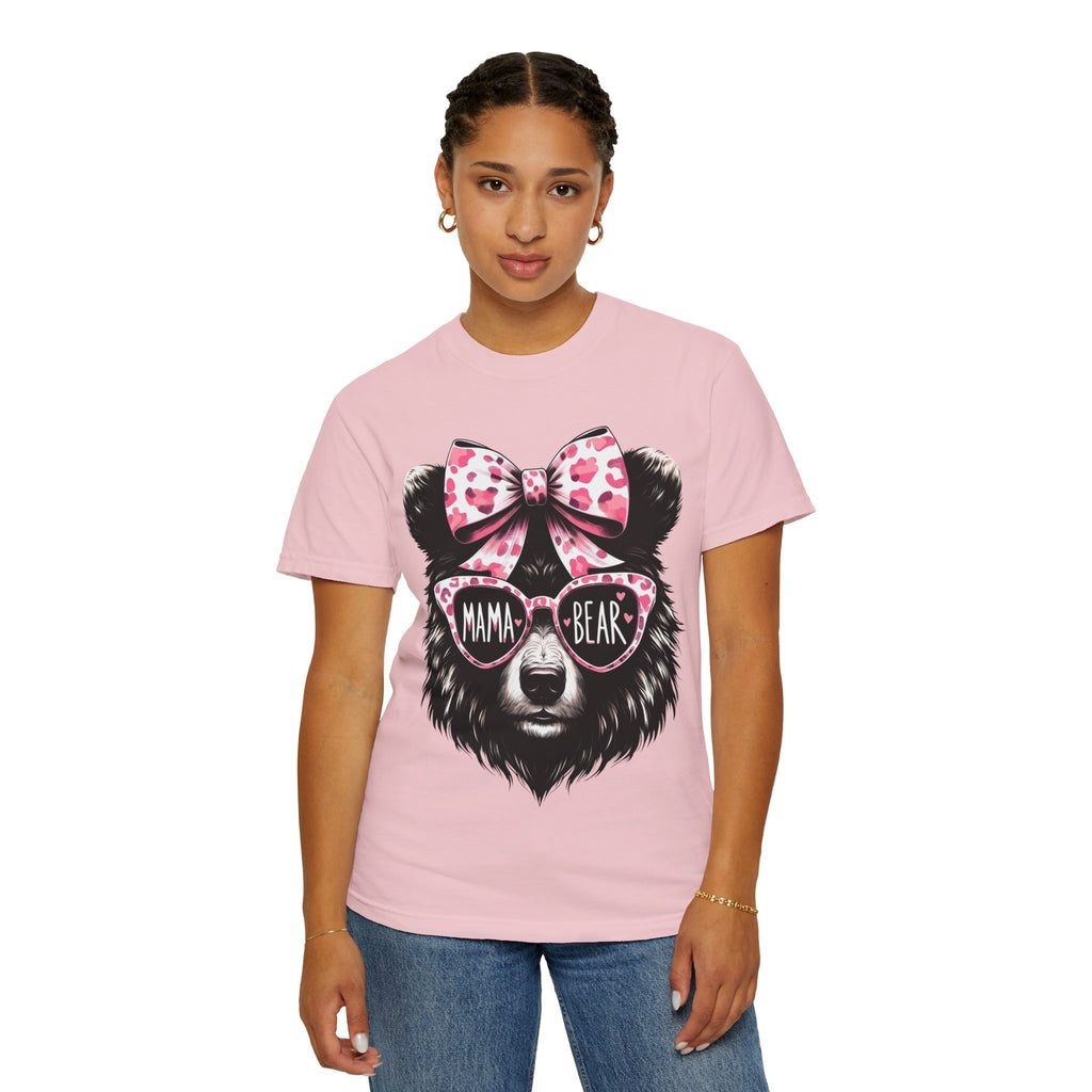 Mama Bear T-Shirt — Cute Pink Bow & Sunglasses Graphic Tee for Moms