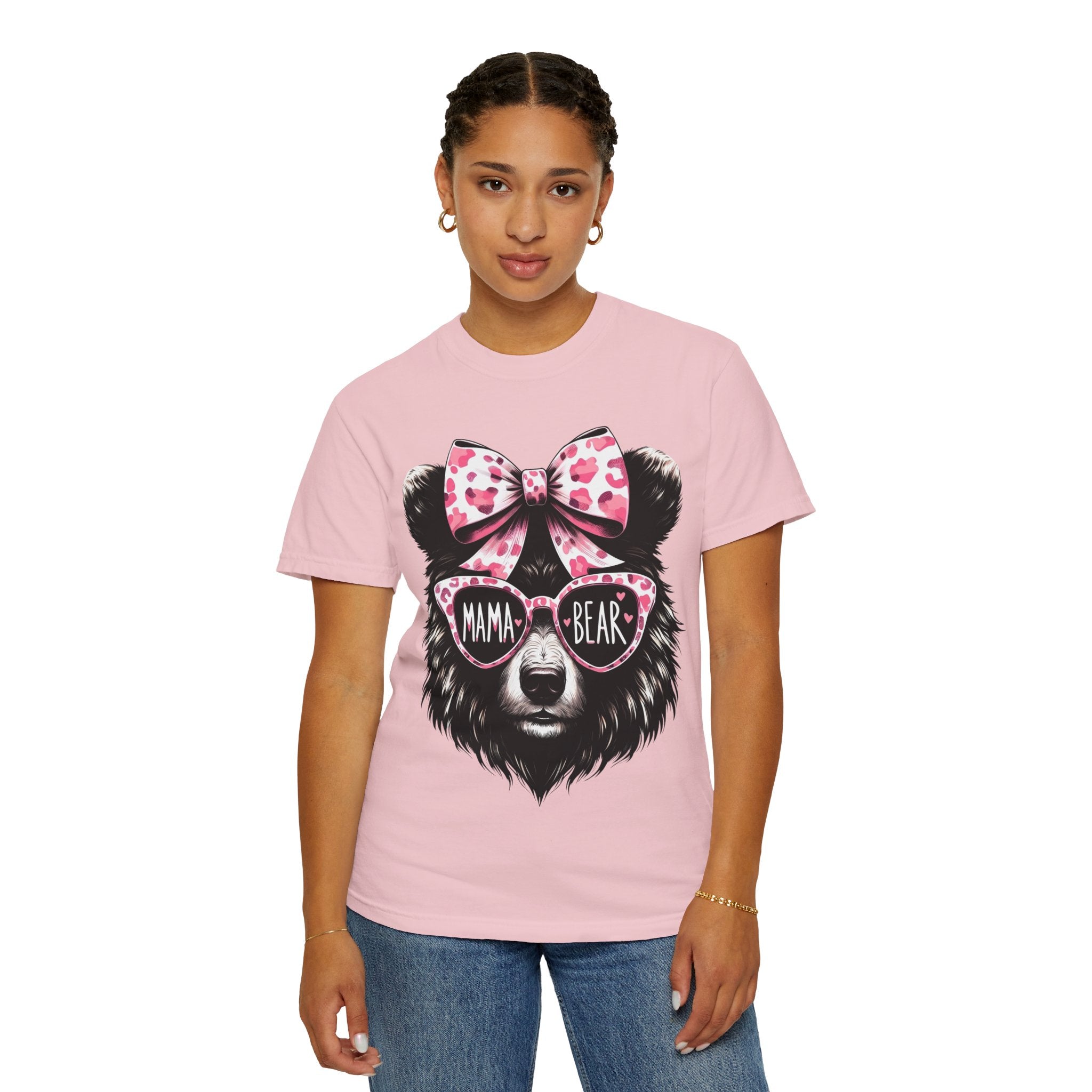 Mama Bear T-Shirt — Cute Pink Bow & Sunglasses Graphic Tee for Moms