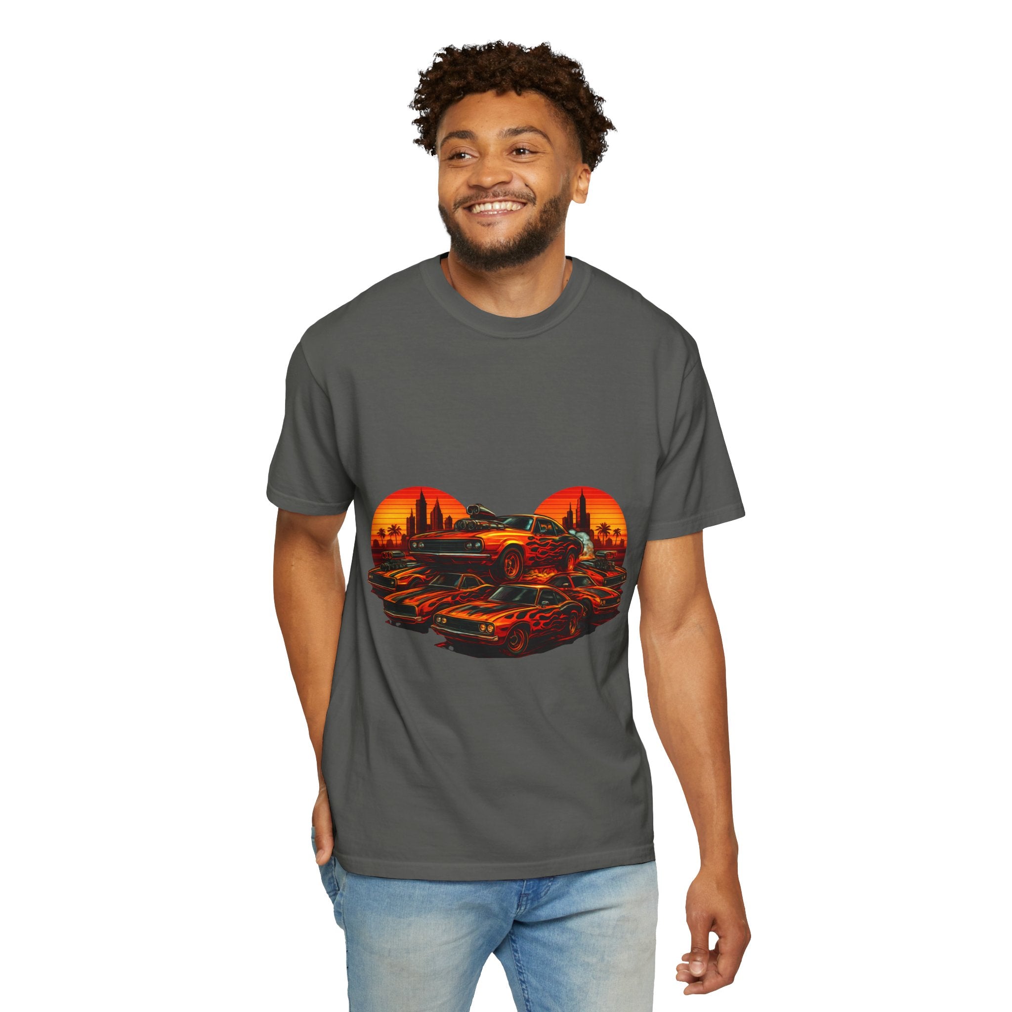 Classic Car Sunset T-Shirt — Retro Muscle Cars Skyline Graphic