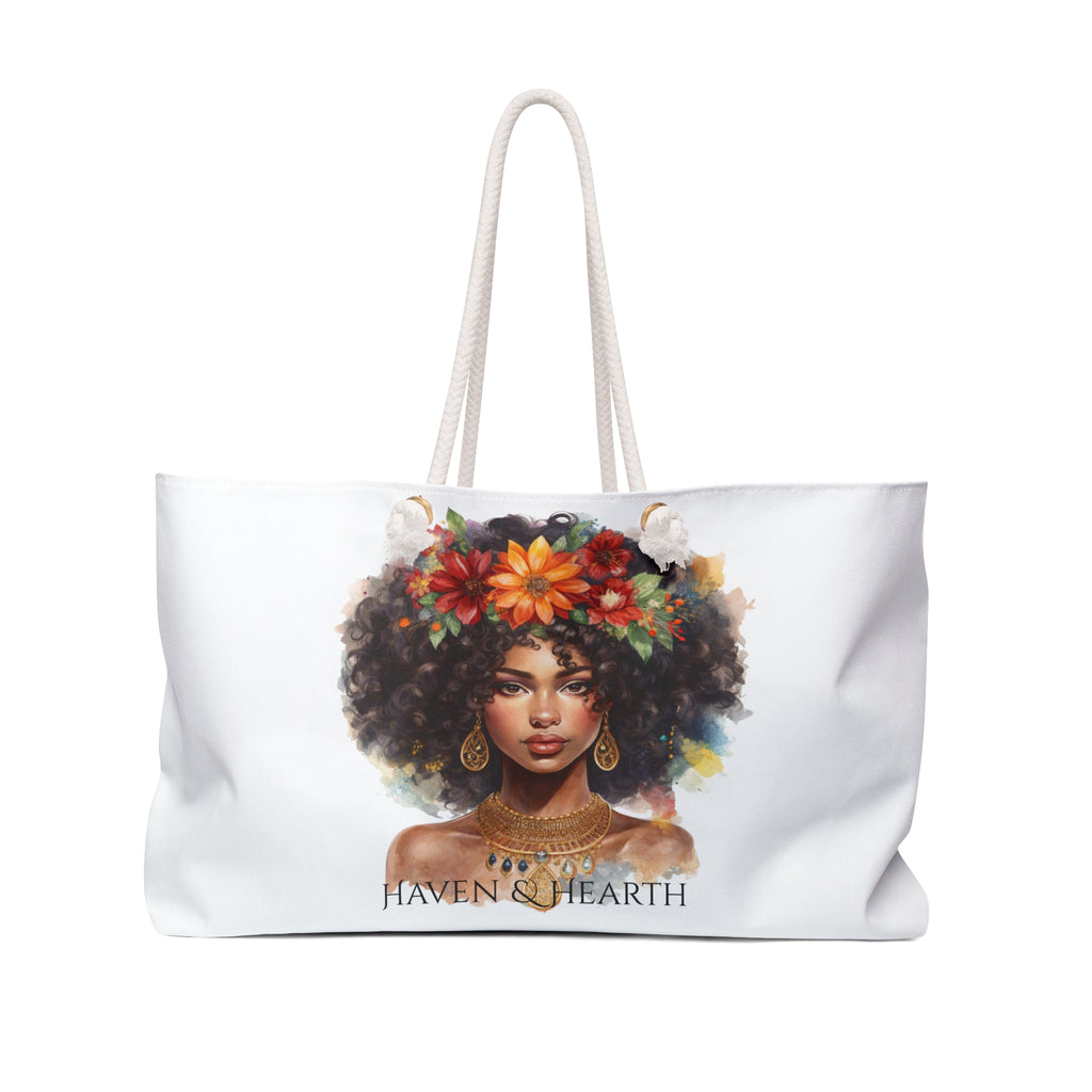 Black Woman Floral Crown Tote Bag | African American Art Weekender Bag