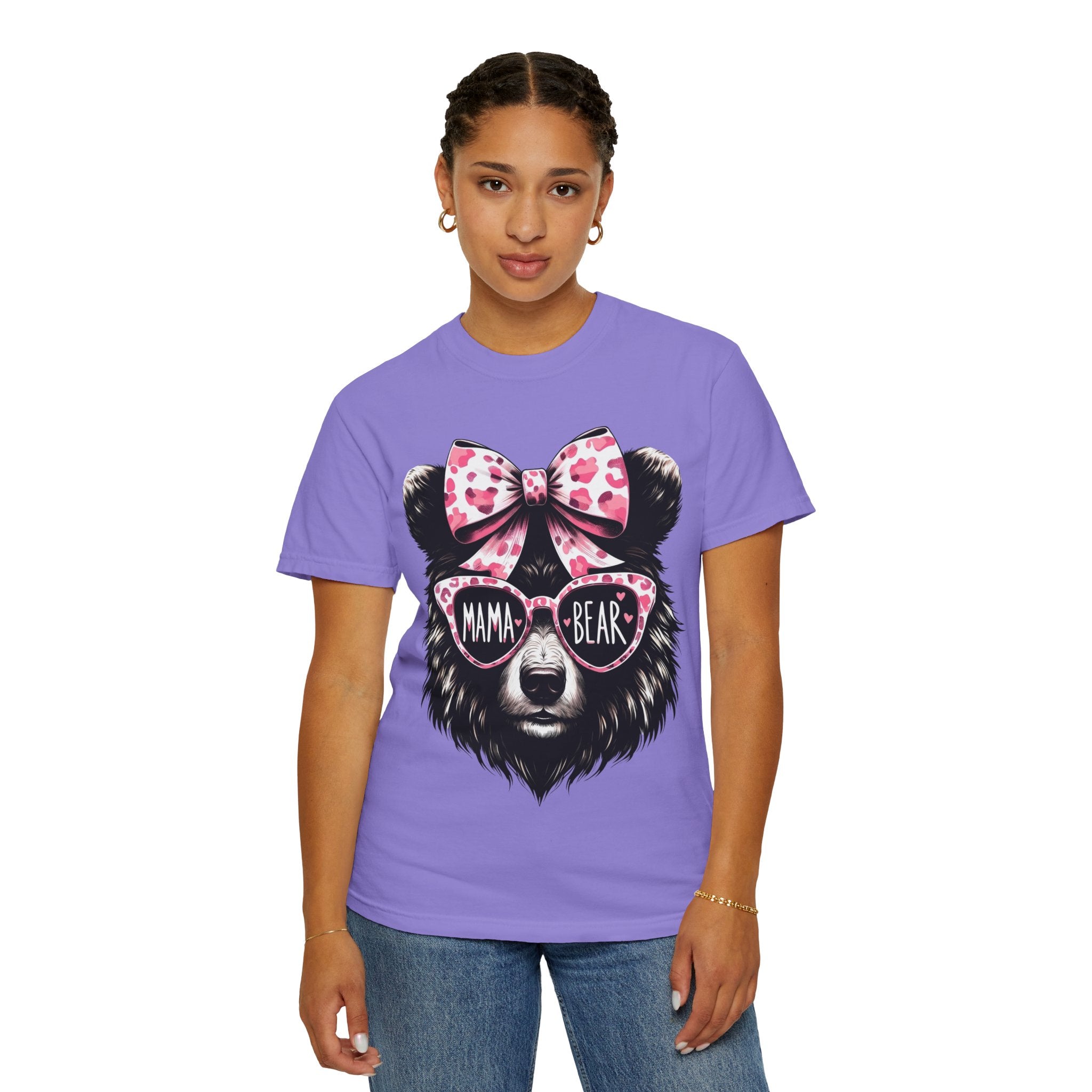 Mama Bear T-Shirt — Cute Pink Bow & Sunglasses Graphic Tee for Moms