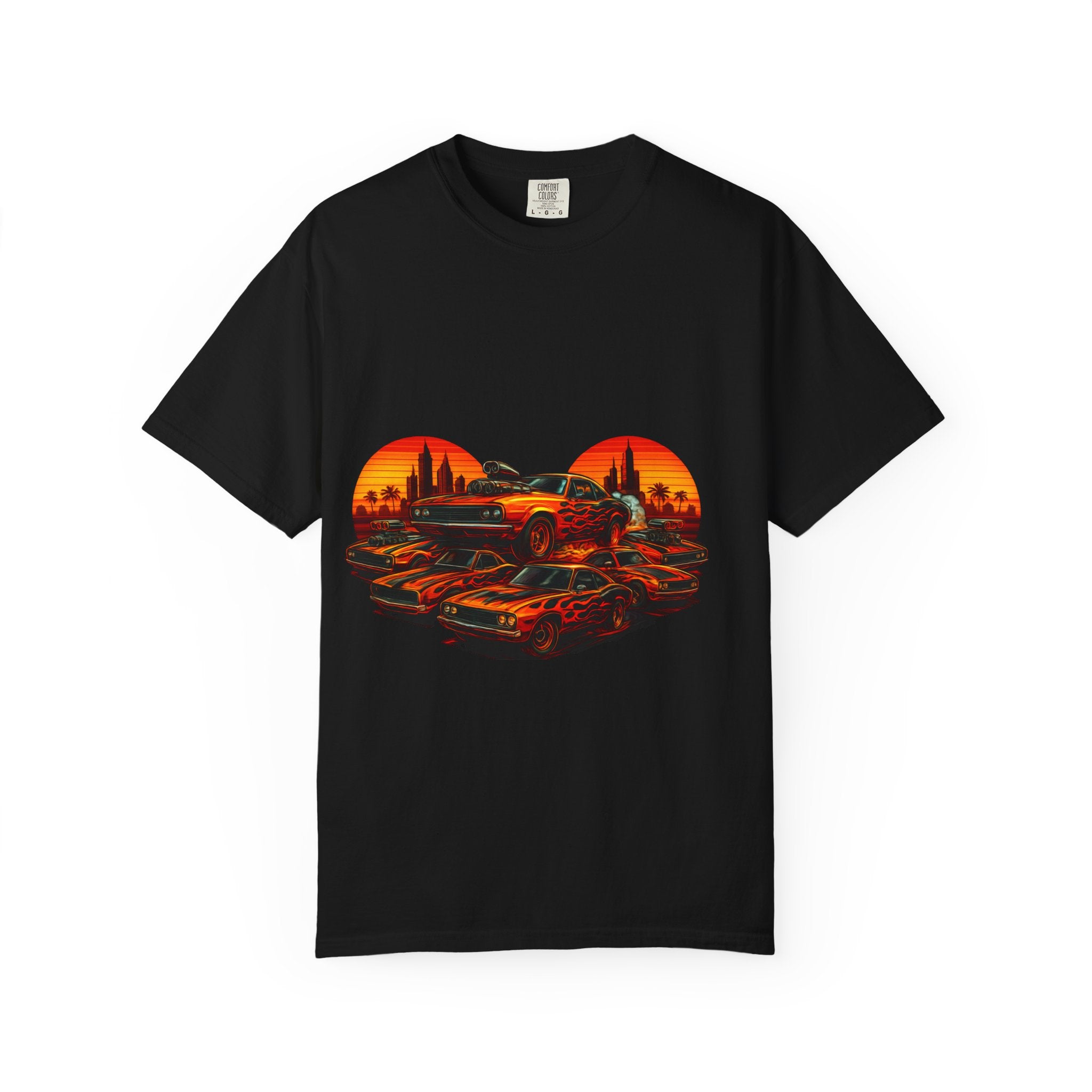 Classic Car Sunset T-Shirt — Retro Muscle Cars Skyline Graphic