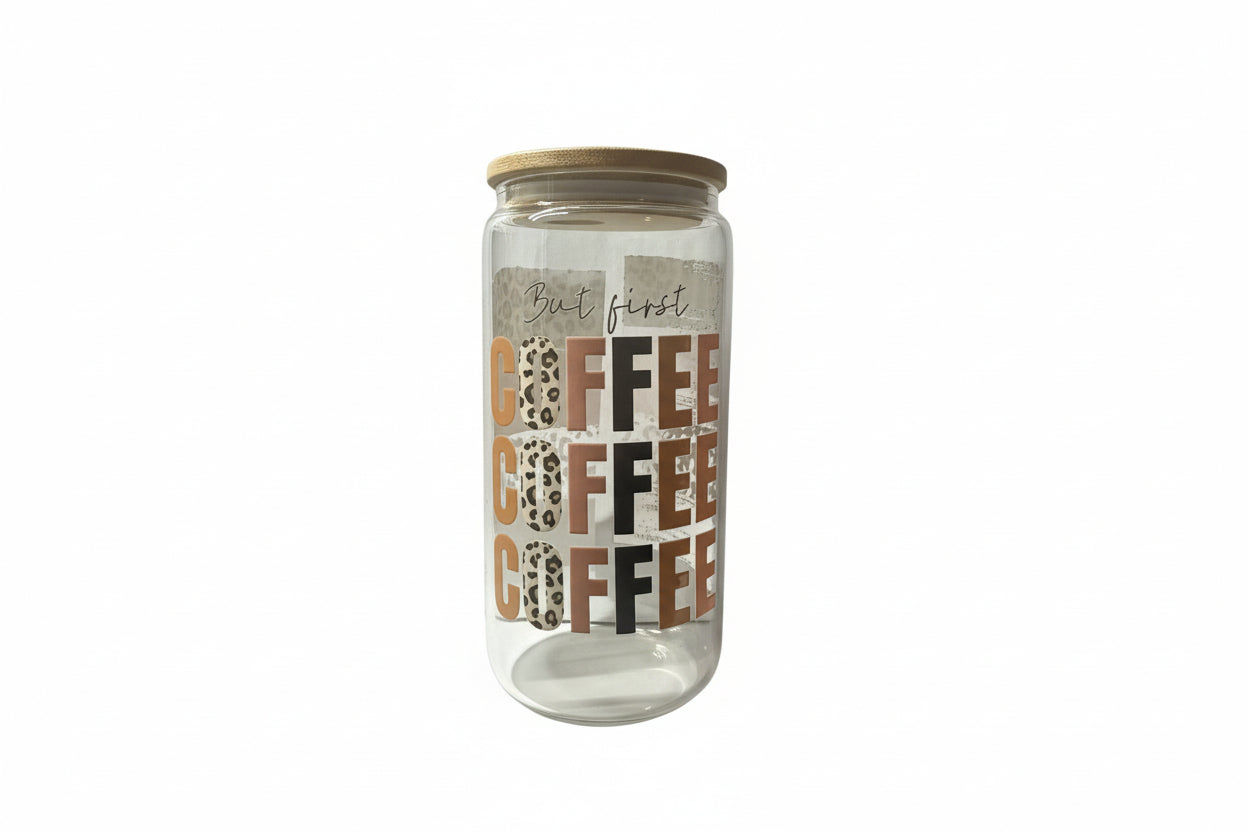Glass jar with 'Coffee' text design on a white background