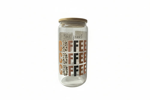 Glass jar with 'Coffee' text design on a white background