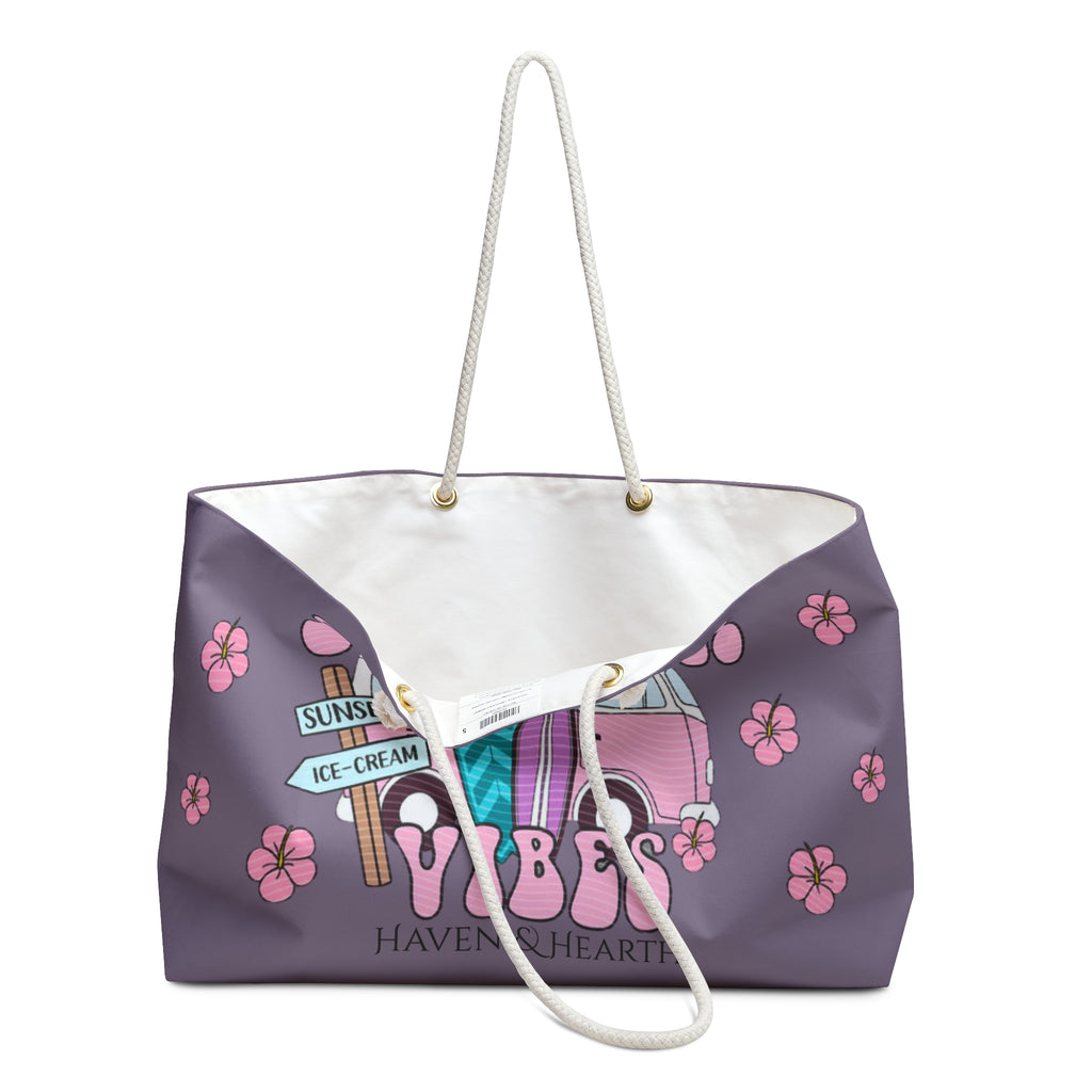 Summer Vibes Weekender Bag Surf Van, Surfboards & Hibiscus Design