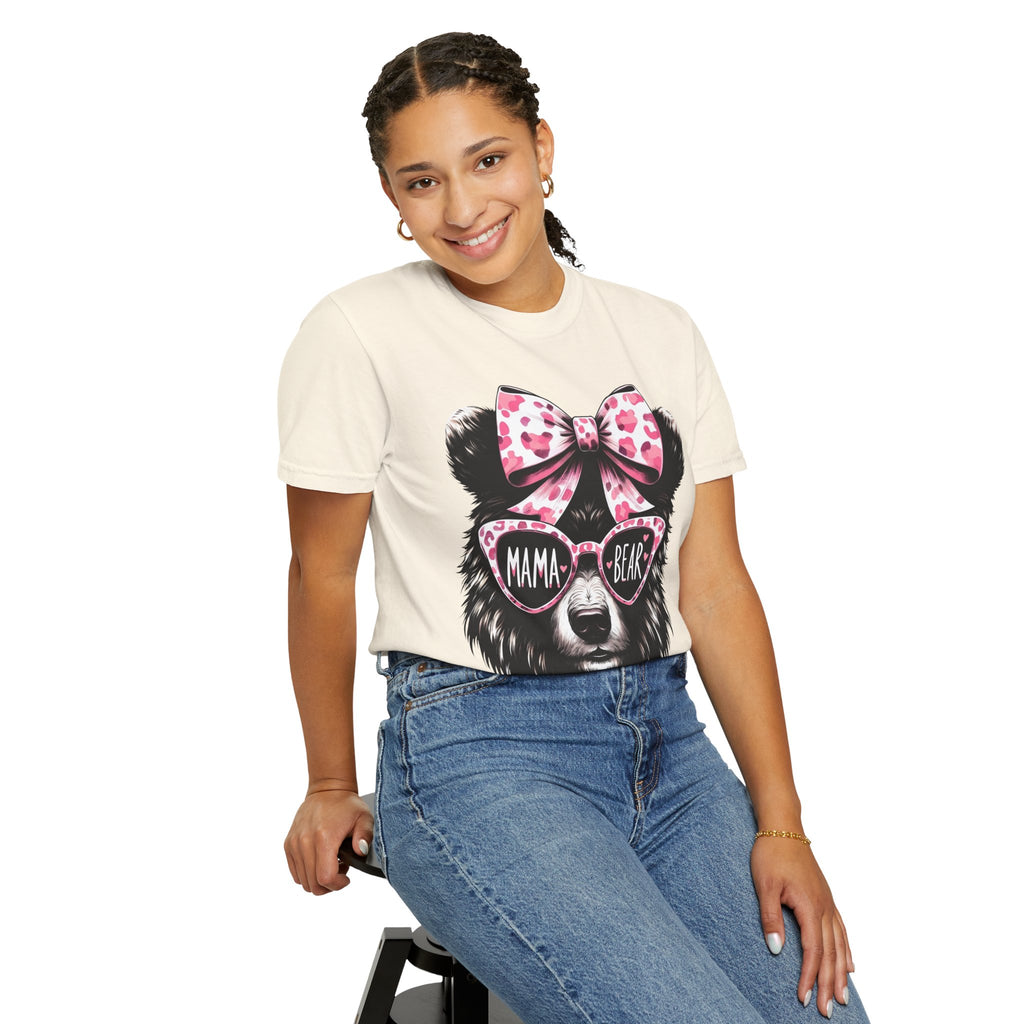 Mama Bear T-Shirt — Cute Pink Bow & Sunglasses Graphic Tee for Moms