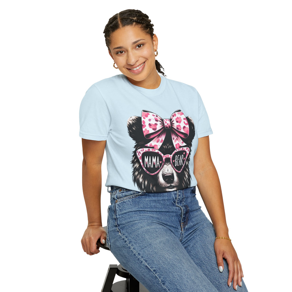 Mama Bear T-Shirt — Cute Pink Bow & Sunglasses Graphic Tee for Moms