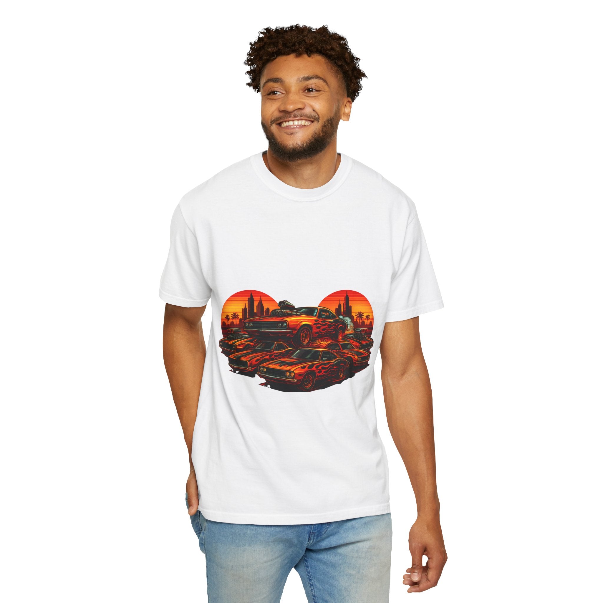 Classic Car Sunset T-Shirt — Retro Muscle Cars Skyline Graphic