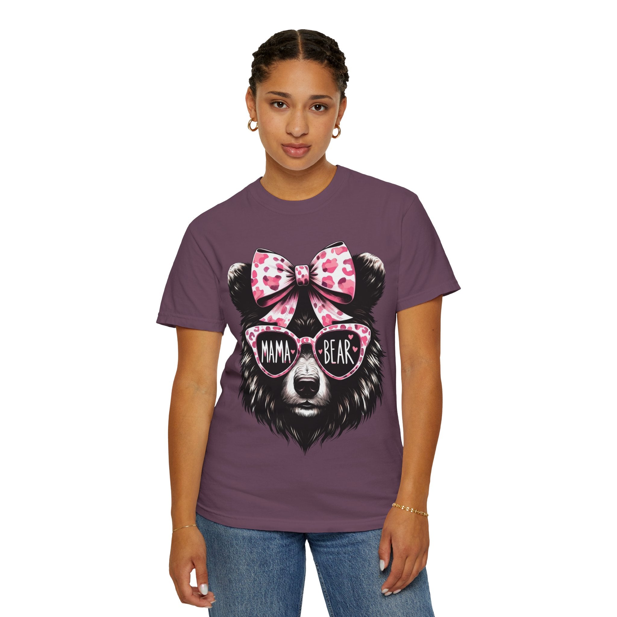 Mama Bear T-Shirt — Cute Pink Bow & Sunglasses Graphic Tee for Moms