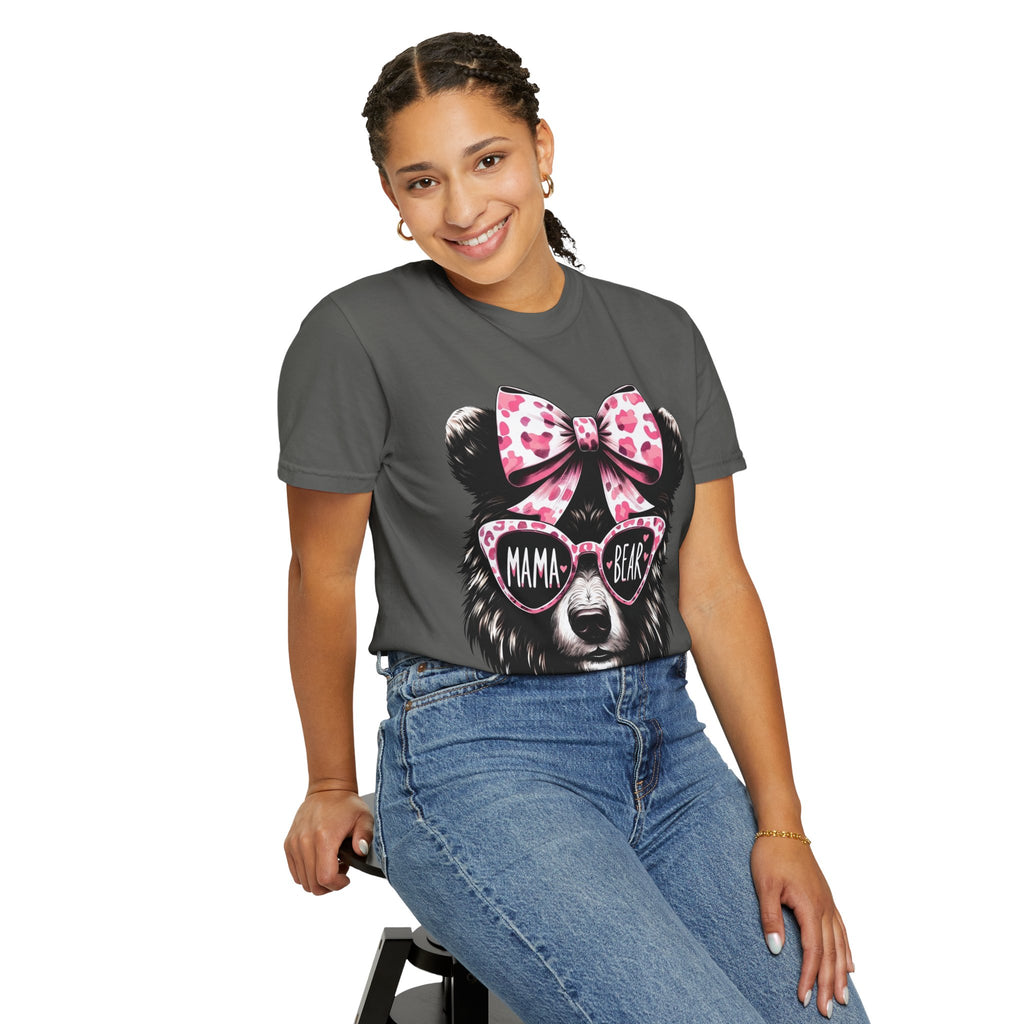 Mama Bear T-Shirt — Cute Pink Bow & Sunglasses Graphic Tee for Moms