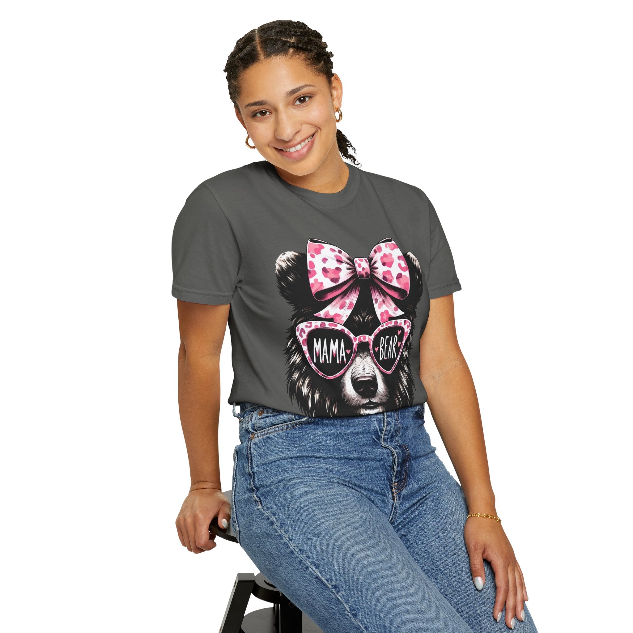 Mama Bear T-Shirt — Cute Pink Bow & Sunglasses Graphic Tee for Moms