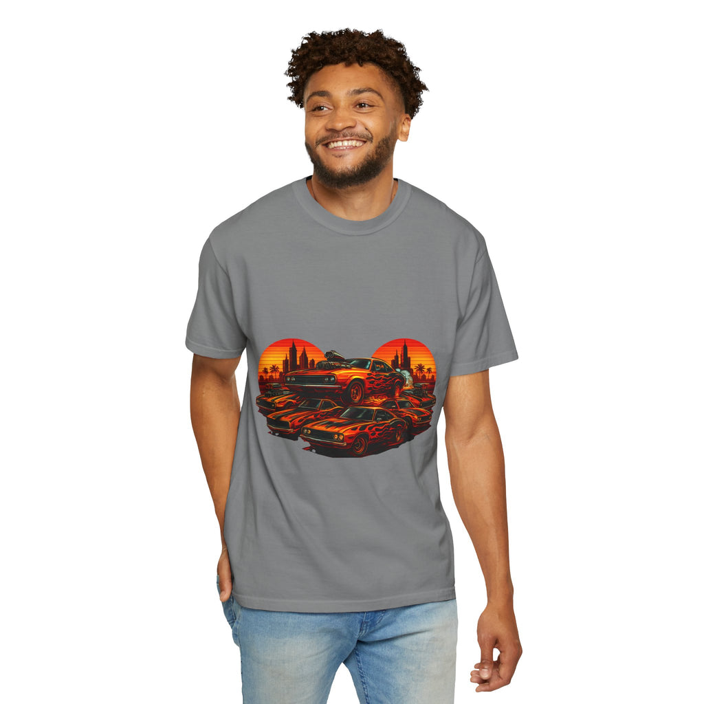 Classic Car Sunset T-Shirt — Retro Muscle Cars Skyline Graphic