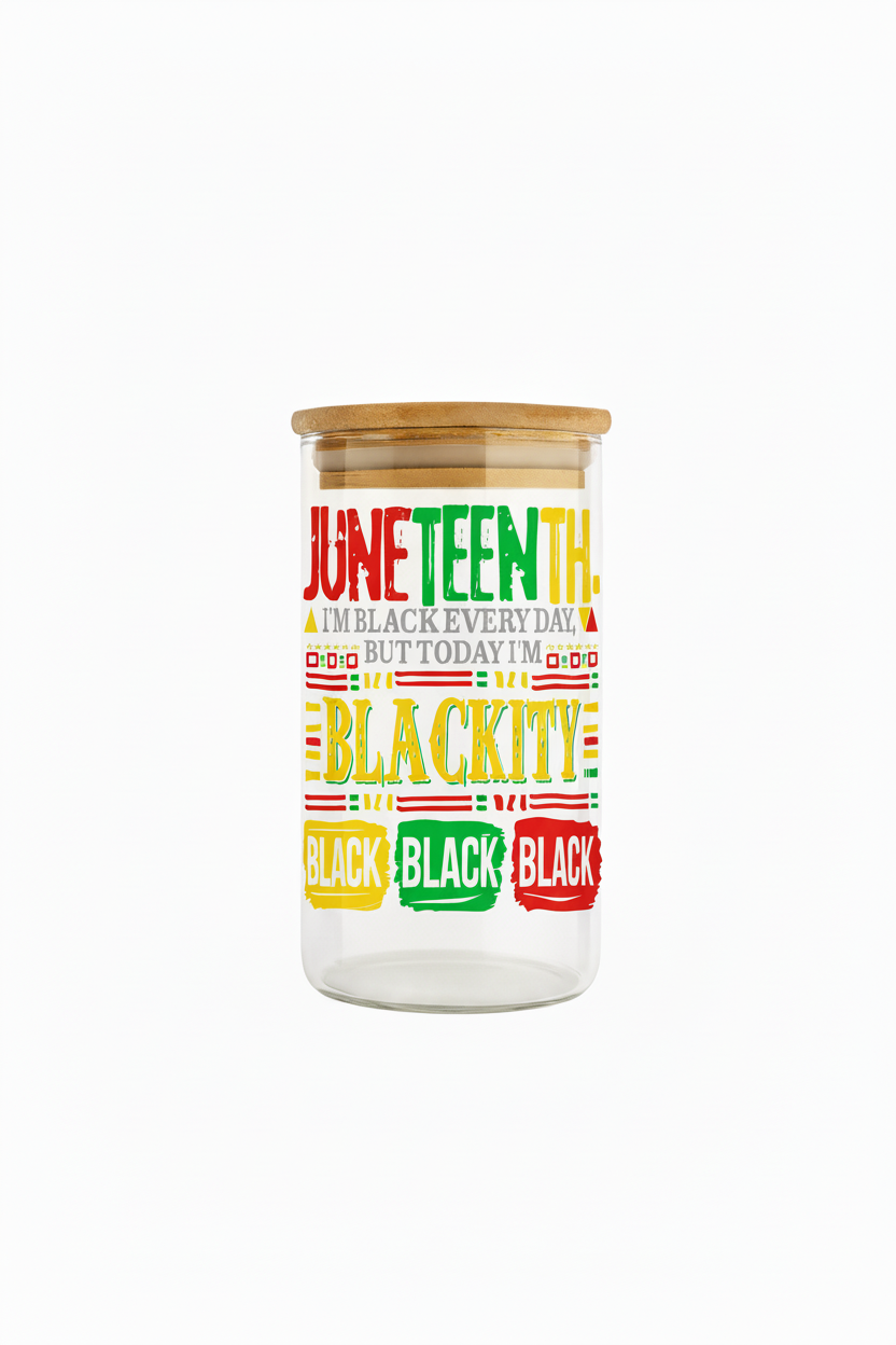 Jar with colorful text design on a white background