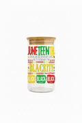 Jar with colorful text design on a white background