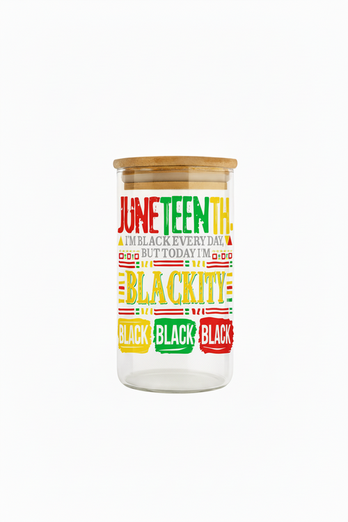Jar with colorful text design on a white background
