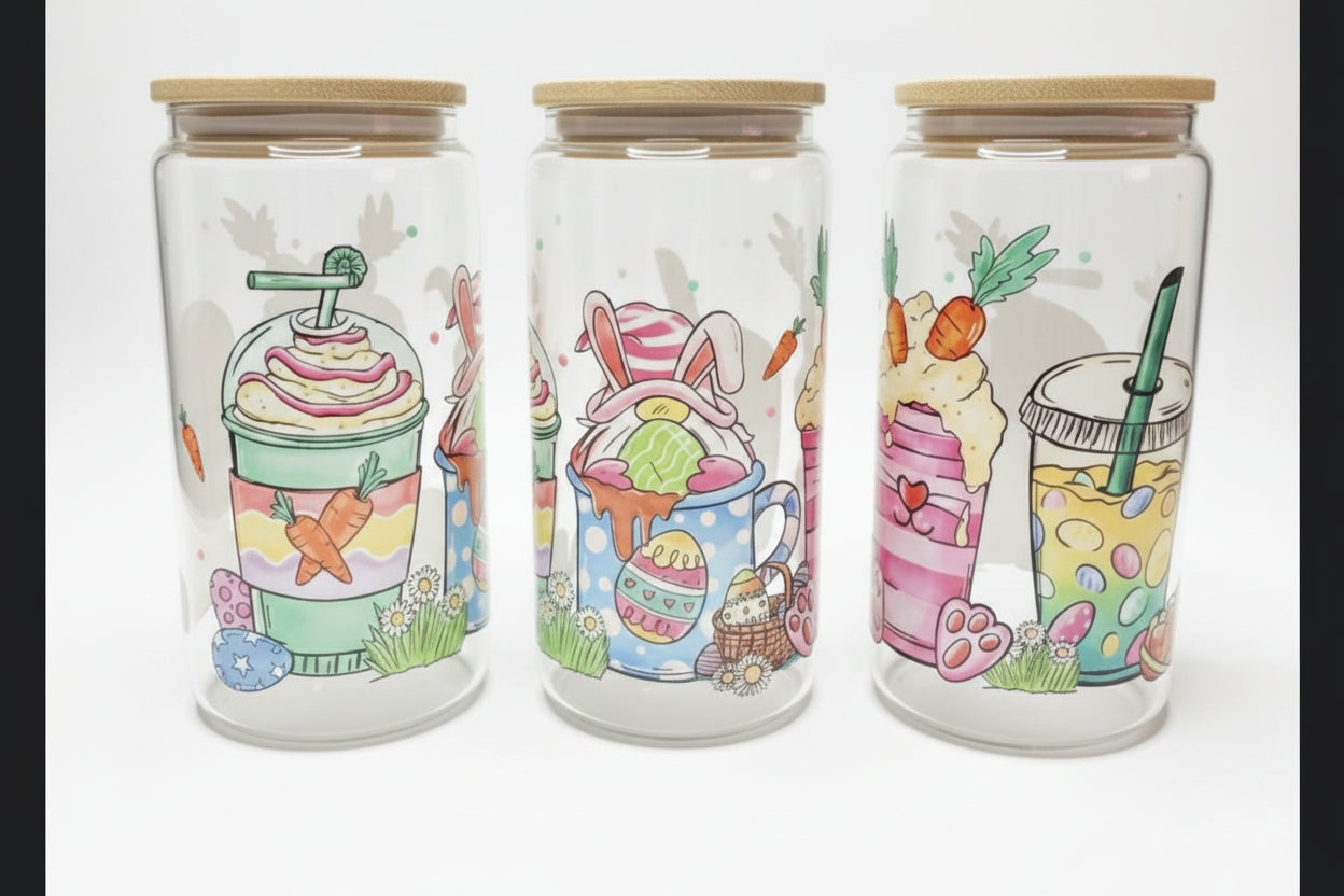 Three glass jars with colorful illustrations of drinks and Easter-themed elements on a white background.