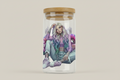 Glass jar with bamboo lid featuring an artistic design of a person with long hair on a white background