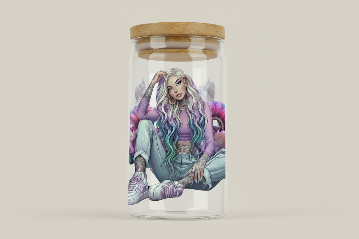 Glass jar with bamboo lid featuring an artistic design of a person with long hair on a white background