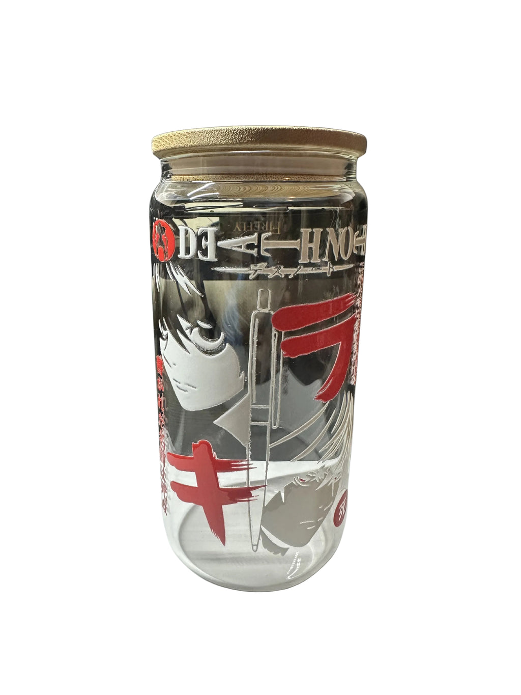 Clear glass jar with anime character design and red and black text on a gray background