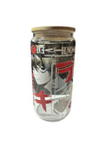 Clear glass jar with anime character design and red and black text on a gray background