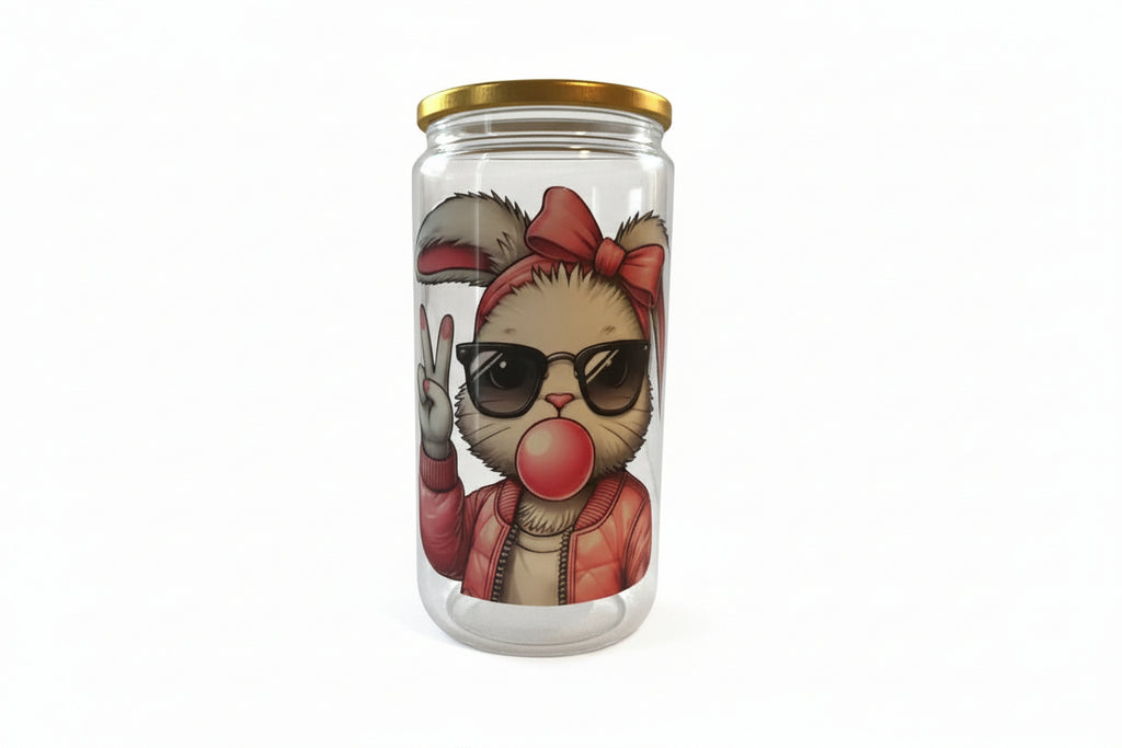 Decorative glass item with a cat design wearing sunglasses and a bow on a beige surface.