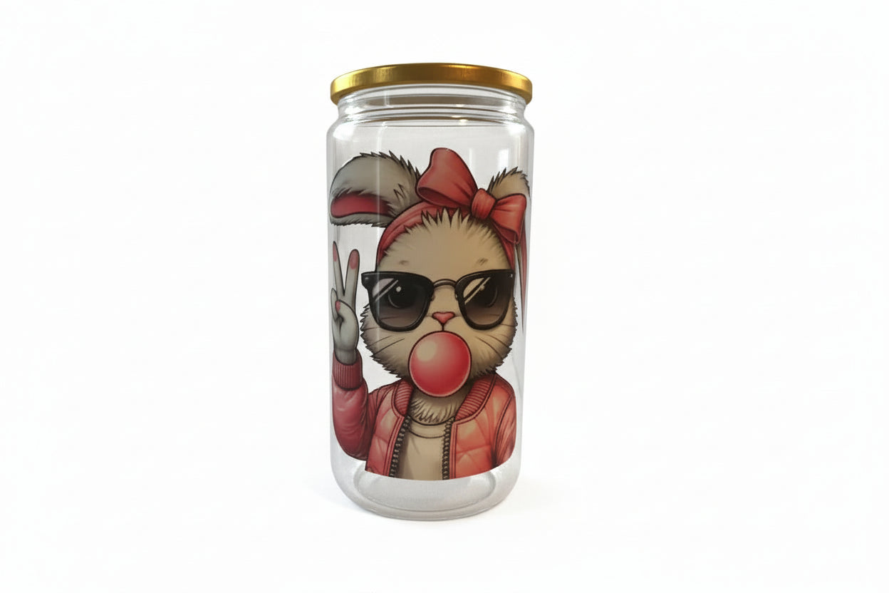 Decorative glass item with a cat design wearing sunglasses and a bow on a beige surface.